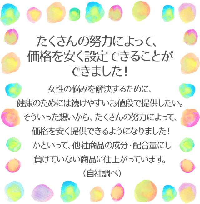 たくさんの努力によって、価格を安く設定できることができました！女性の悩みを解決するために、健康のためには続けやすいお値段で提供したい。そういった想いから、たくさんの努力によって、価格を安く提供できるようになりました！かといって、他社商品の成分・配合量にも負けていない商品に仕上がっています。（自社調べ）