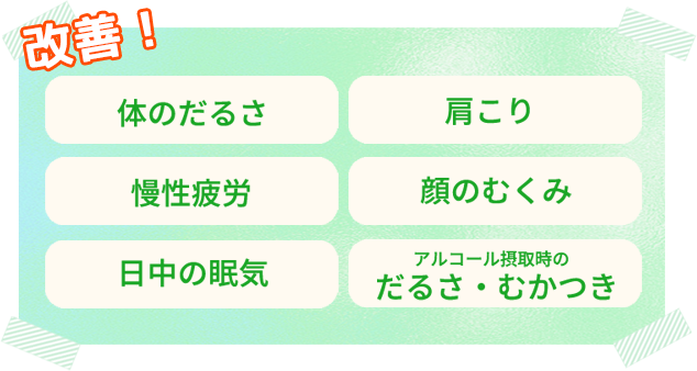 改善！体のだるさ、慢性疲労、日中の眠気、肩こり、顔のむくみ、アルコール摂取時のだるさ・むかつき