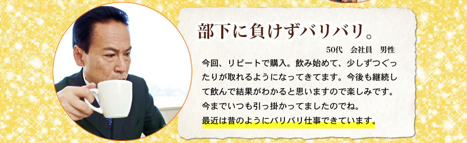 部下にまけずバリバリ。50代会社員男性　今回、リピートで購入。飲み始めて、少しずつぐったりがとれるようになってきてます。今後も継続して飲んで結果がわかると思いますので楽しみです。今までいつも引っ掛かってましたのでね。最近は昔のようにバリバリ仕事できています。