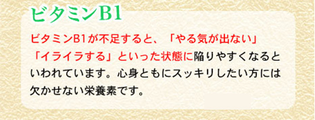 ビタミンB１が不足すると、やる気が出ない、イライラするといった状態に陥りやすくなると言われています。心身ともにすっきりしたい方には欠かせない栄養素です
